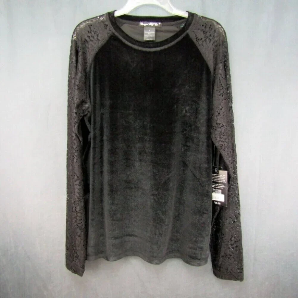 Cowgirl Tuff Black Velvet Long Lace Sleeve Top Womens Size L Velour New Tag - Picture 10 of 10